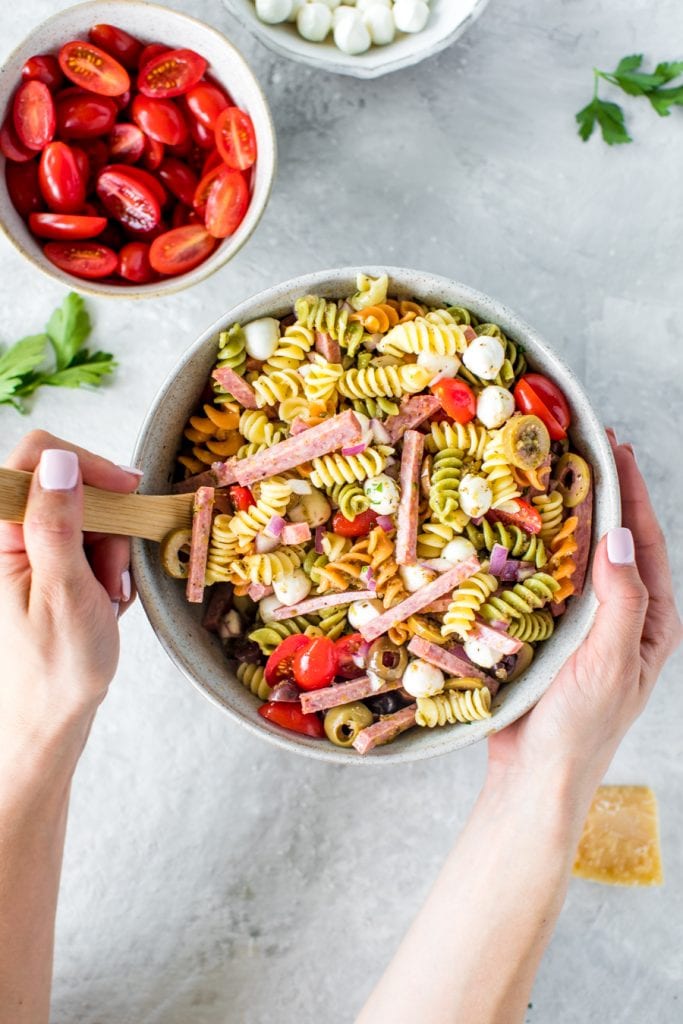 Italian Pasta Salad in a large glass bowl