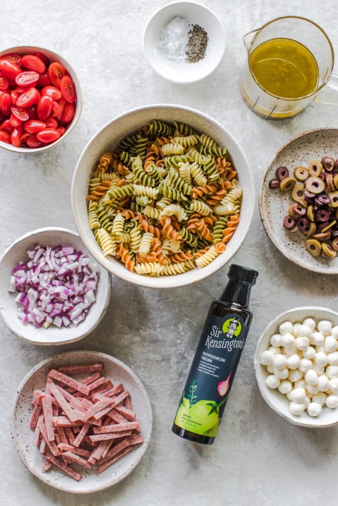 ingredients for Italian Pasta salad mise en place