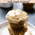maple bran muffins on a white plate with frosting