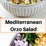 The best orzo salad tossed with a greek dressing in a large bowl ready to be served