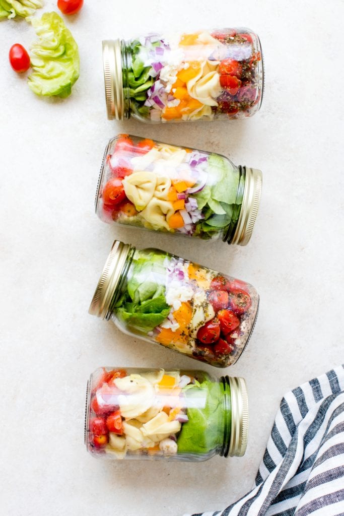 cold tortellini salad in mason jars