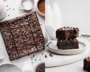 Side-by-side of black bean brownies baked then sliced and two brownies stacked on top of each other on small plate.
