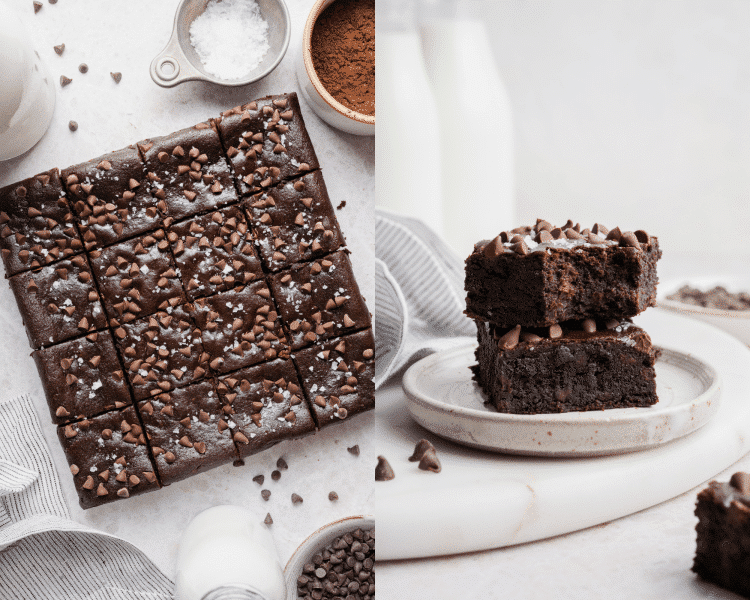 Side-by-side of black bean brownies baked then sliced and two brownies stacked on top of each other on small plate.