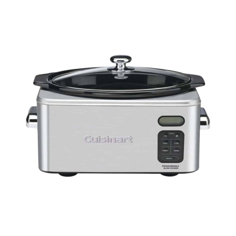 silver cuisinart slow cooker on a white background