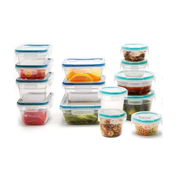 multi-sized glass snap ware containers with lids stacked