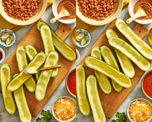 Side-by-side of scooping insides out of zucchini.