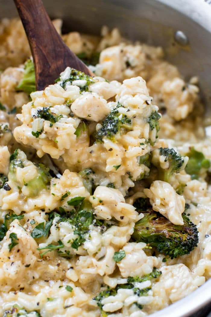 risotto with broccoli in a large saute pan