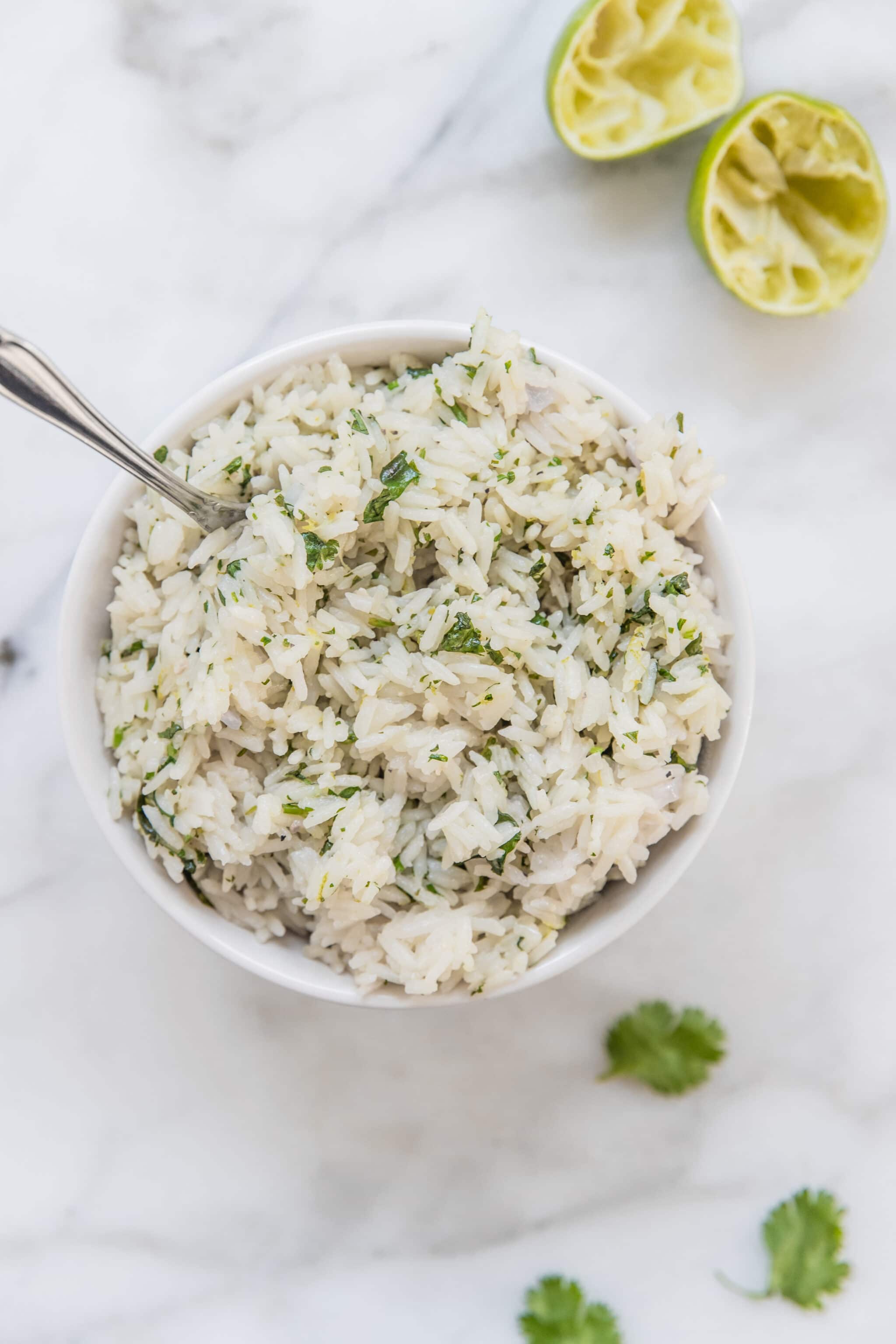 cilantro lime rice in a white bowl