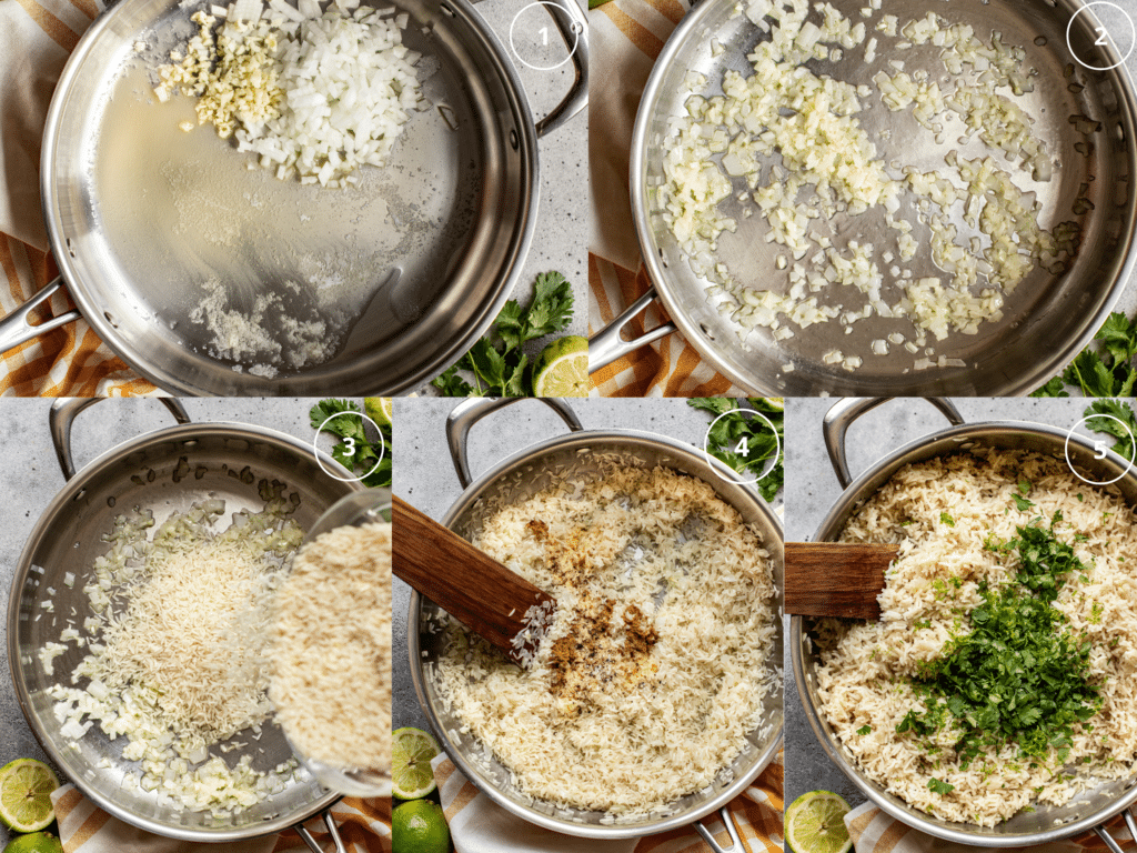 Step by step photos making cilantro rice in a frying pan. 