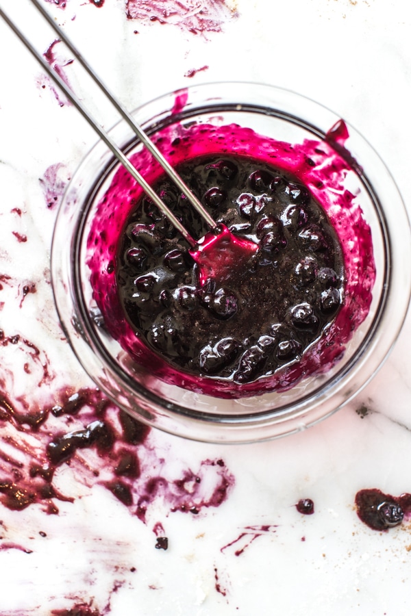 blueberry sauce in a pyrex glass bowl
