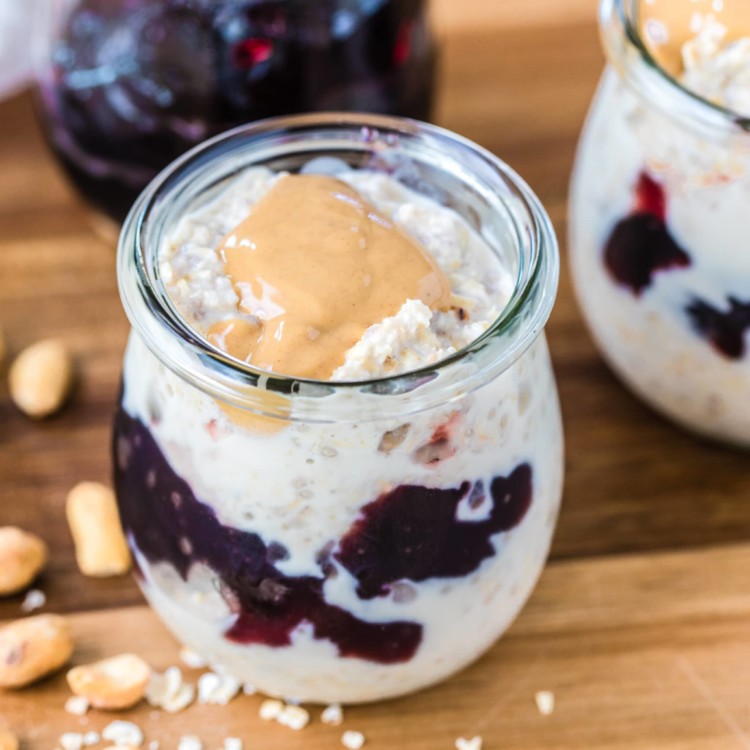 peanut butter and jelly oats in a glass jar