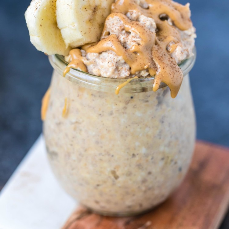 overnight peanut butter banana oats in a glass jar