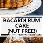 Bacardi rum cake on a cake stand with chocolate icing