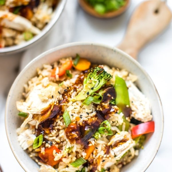 teriyaki chicken rice bowls in the instant pot made with Jasmine rice with broccoli and teriyaki sauce