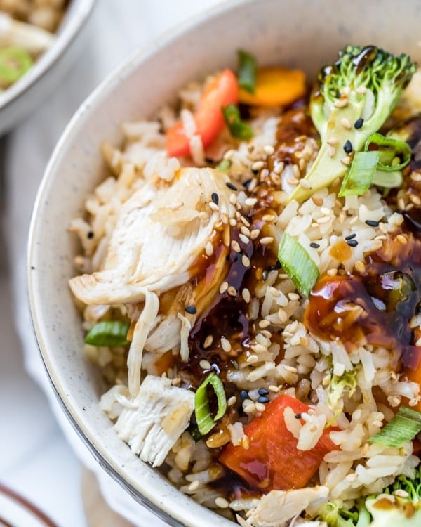 teriyaki chicken rice bowls in the instant pot made with Jasmine rice