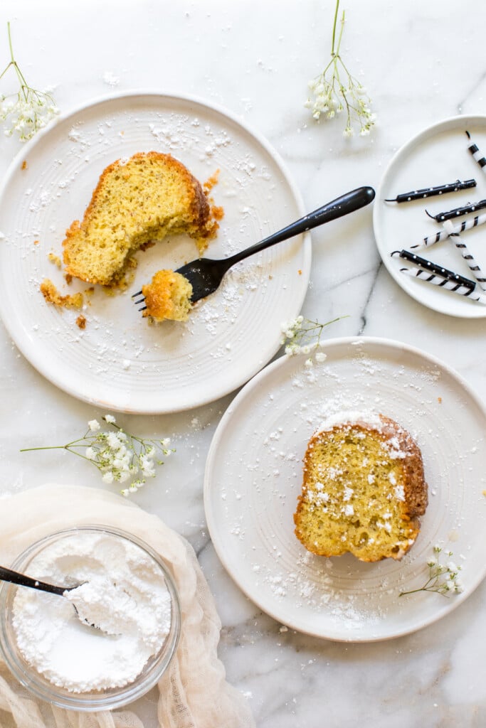 Bacardi rum cake on white plates