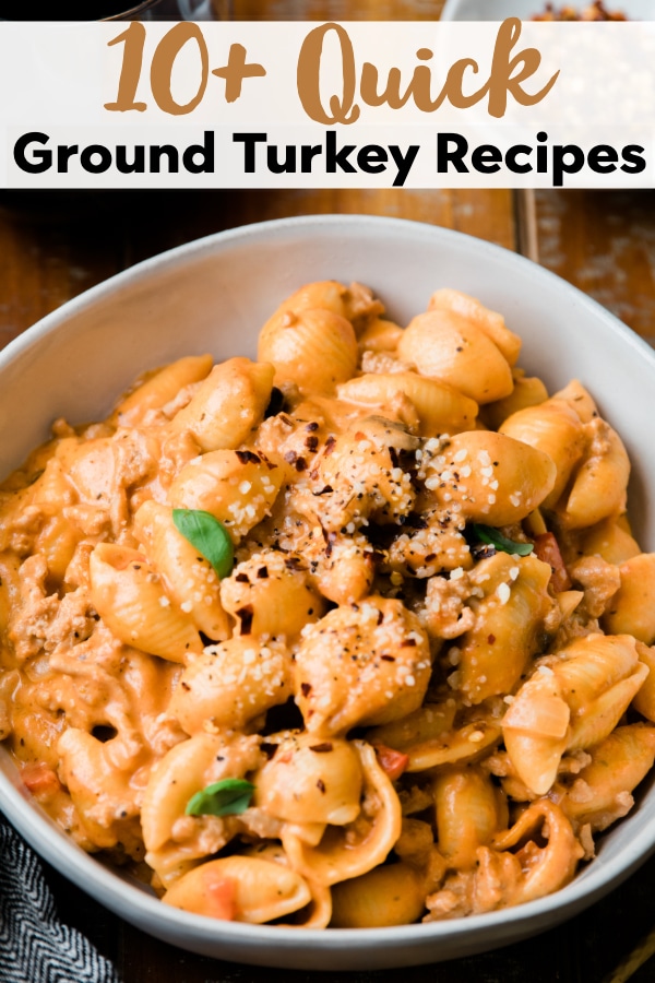 ground turkey with shell pasta in a white bowl for an easy ground turkey recipe