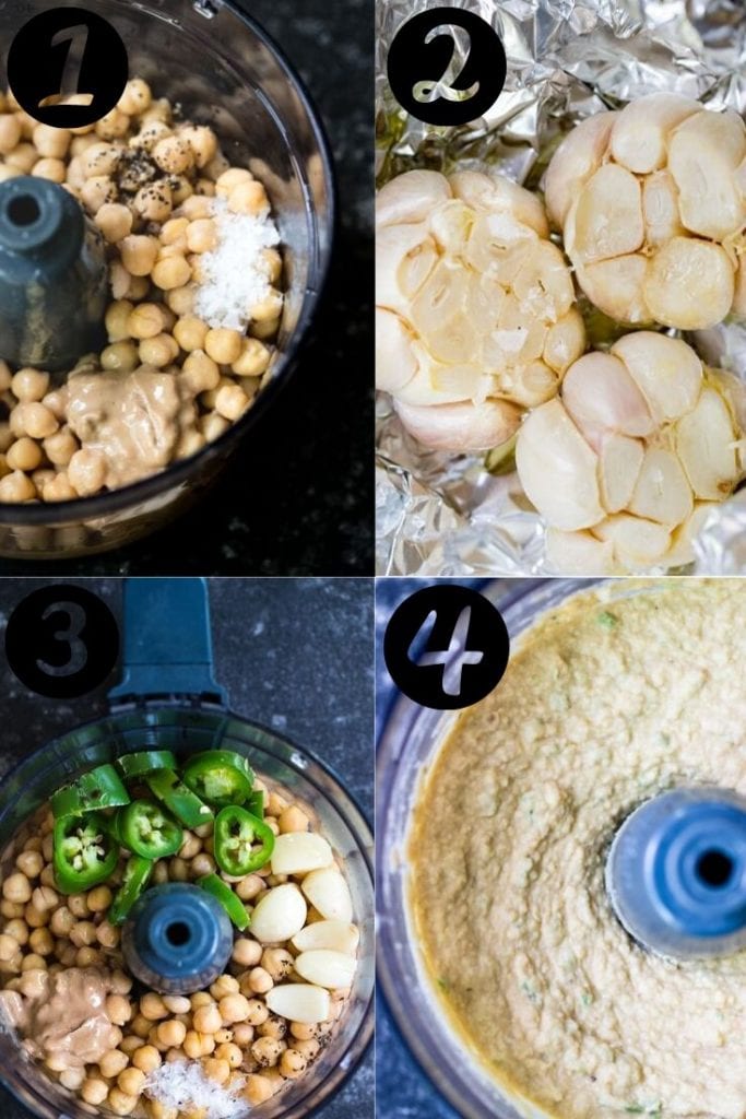 step by step photos of how to make hummus with roasted garlic and jalapeño