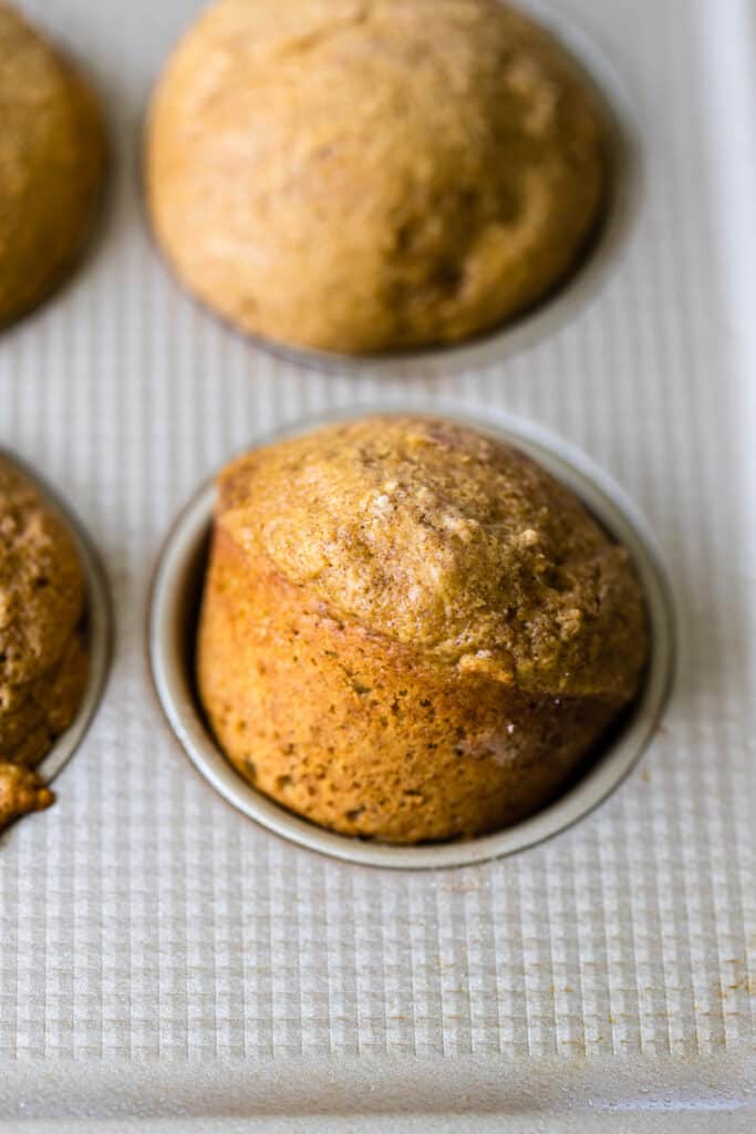 pumpkin spice yogurt muffins in a muffin tin
