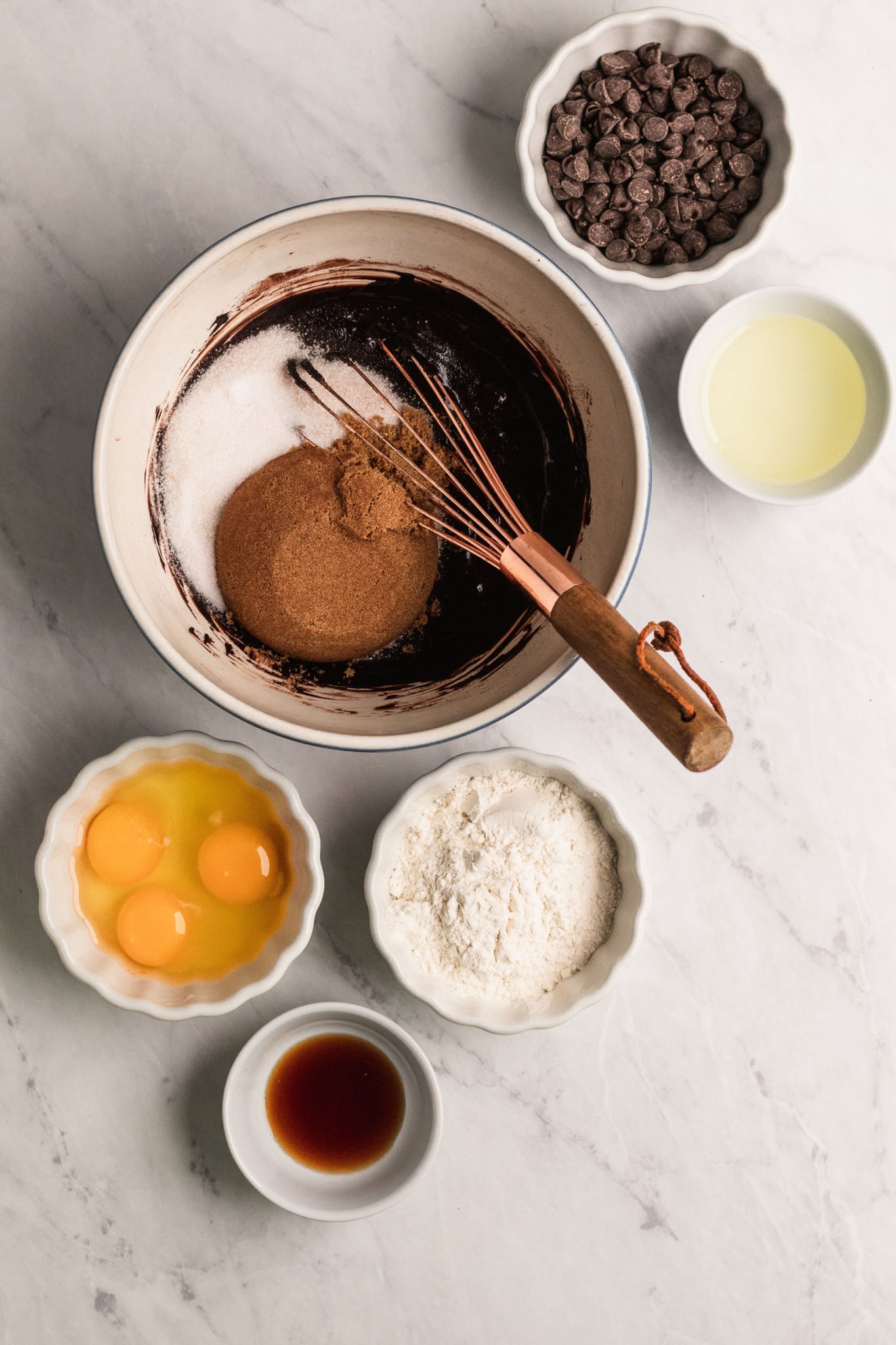 ingredients to make brownies in bowls