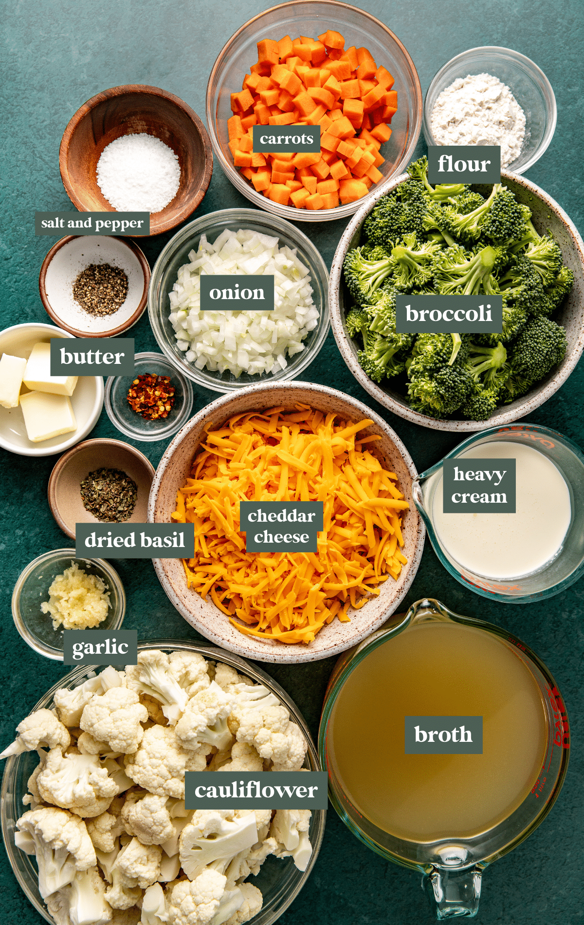 ingredients to make a broccoli soup in small glass bowls. 