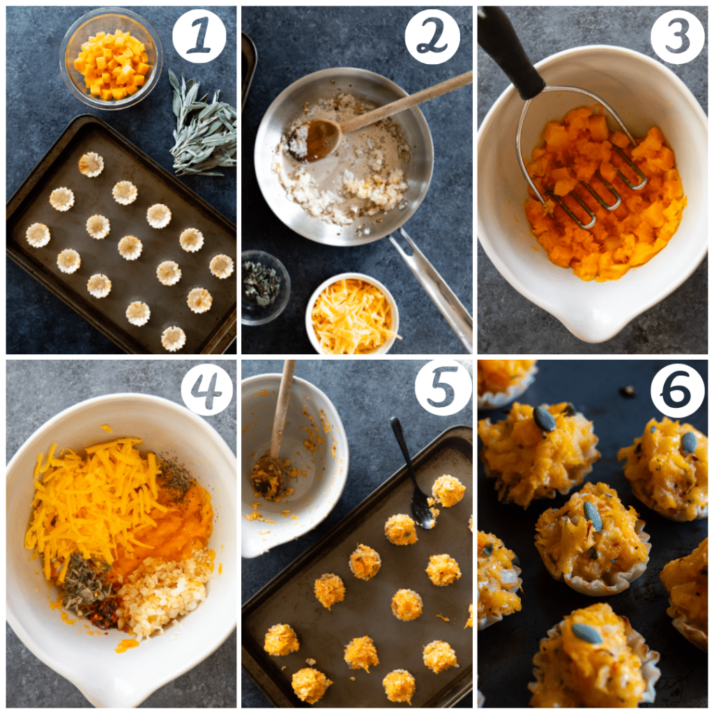 A 7 ingredient appetizer - phyllo dough is filled with butternut squash, sage, cheese and spices.