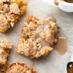 apricot bars made with coconut and drizzled with caramel sauce