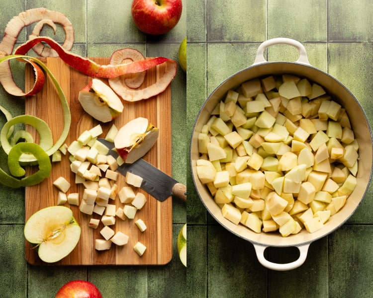 Chopped apples on a cutting board with peels and cores alongside, next to a large pot filled with peeled, diced apples ready for cooking.