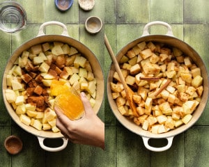 Overhead view of a pot filled with chopped apples being seasoned with cinnamon and spices, as orange juice is poured in; the next frame shows apples stirred with cinnamon sticks.