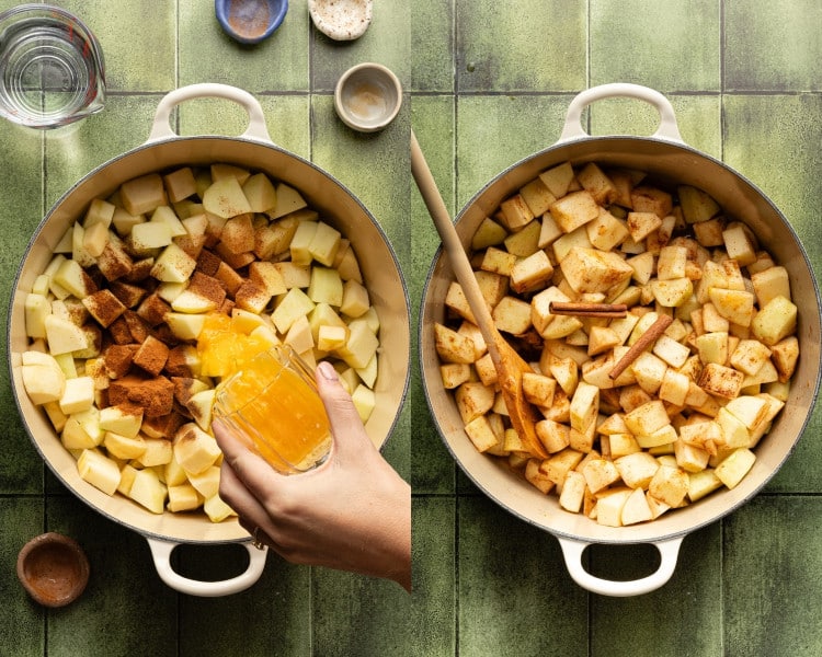 Overhead view of a pot filled with chopped apples being seasoned with cinnamon and spices, as orange juice is poured in; the next frame shows apples stirred with cinnamon sticks.