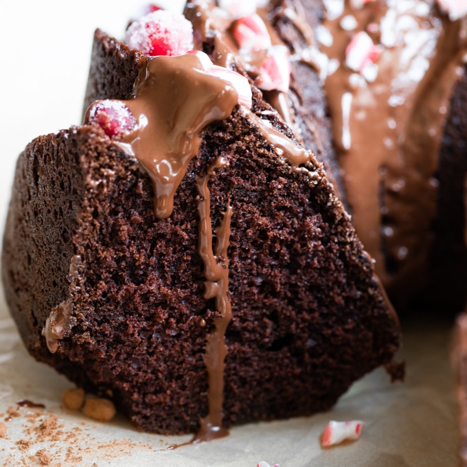 chocolate peppermint bundt cake on a cake stand