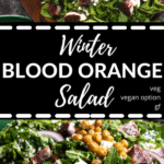 kale and arugula in a wooden salad bowl topped with blood oranges