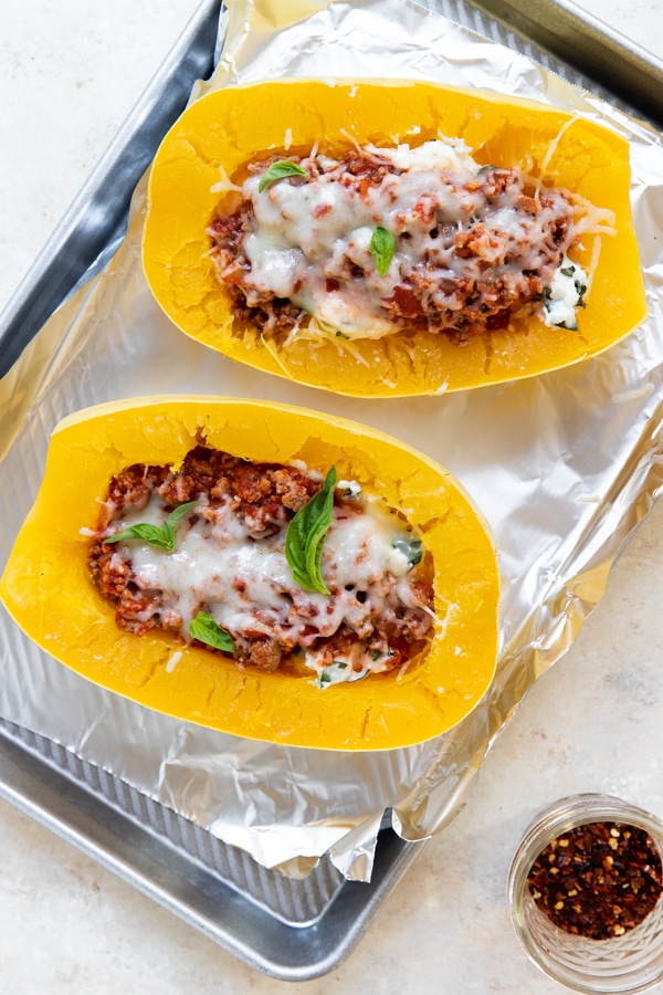 spaghetti squash with meat sauce on foil