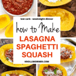 spaghetti squash filled with ground turkey, red sauce and ricotta cheese