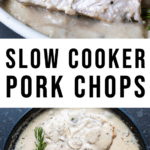 pork chops in a pan covered with a creamy mushroom gravy