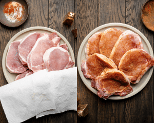 Side-by-side image of patting pork chops dry then rubbing with seasoning.