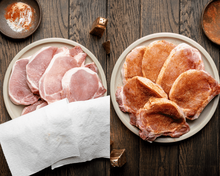 Side-by-side image of patting pork chops dry then rubbing with seasoning.