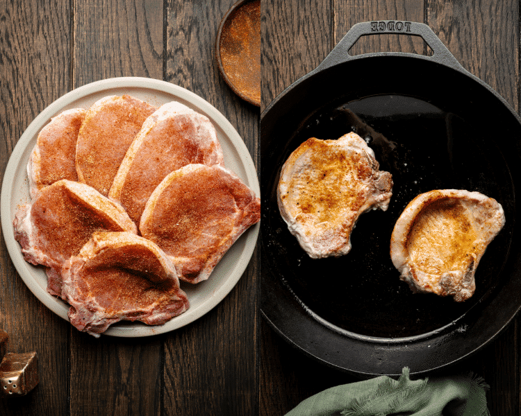 Side-by-side of seasoning and searing pork chops.
