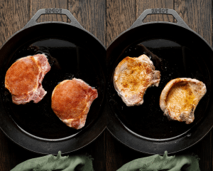 Side-by-side image of searing pork chops in cast iron skillet.
