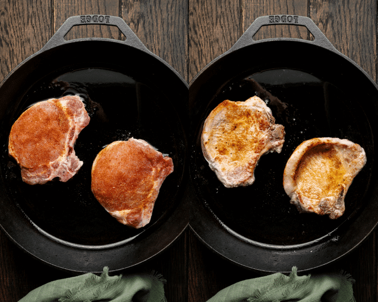 Side-by-side image of searing pork chops in cast iron skillet.