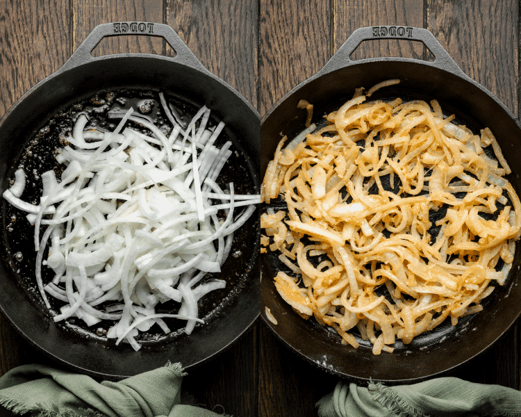 Side-by-side of cooking onion, garlic and flour.