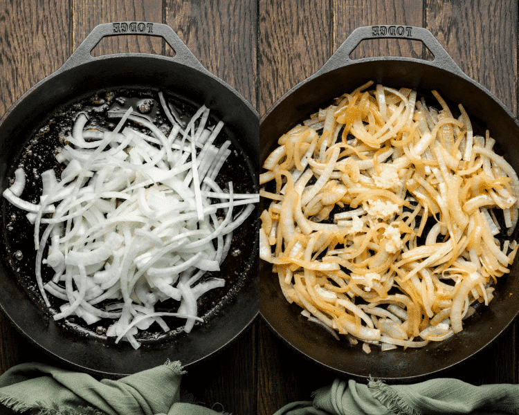 Side-by-side image of adding onions to skillet them adding garlic.