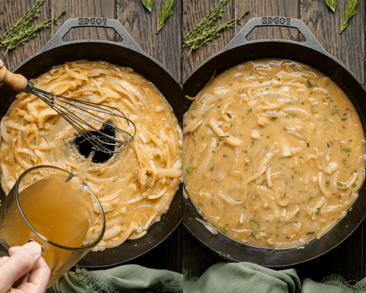 Side-by-side image of adding broth and remaining liquid and herb ingredients and stirring to combine.