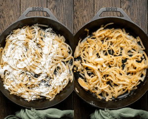 Side-by-side image of adding flour to onions then cooking for another minute.