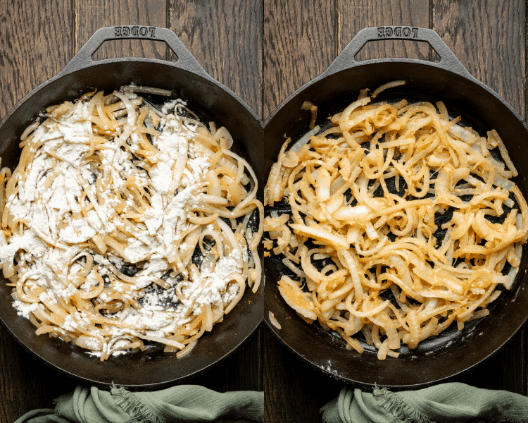 Side-by-side image of adding flour to onions then cooking for another minute.