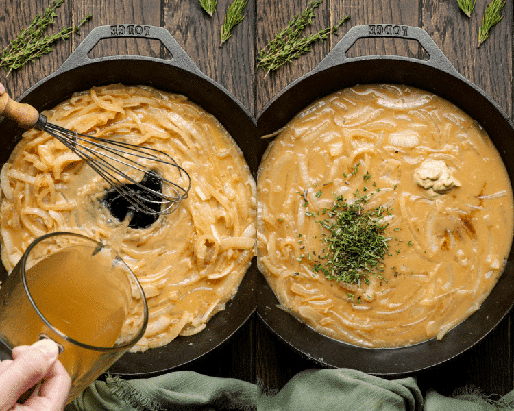 Side-by-side image of adding broths to onions then adding herbs, Dijon mustard and Worcestershire sauce.
