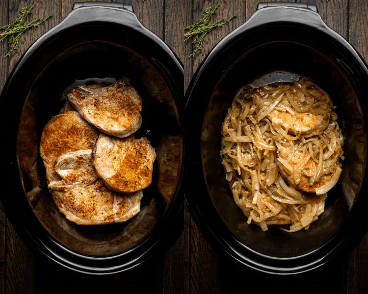 Side-by-side image of adding pork chops to slow cooker and topping with onion herb gravy.