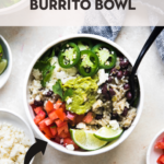 chicken burrito bowls in a white bowl