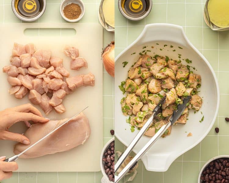 Left side image is raw chicken breast on a translucent cutting board with a hand slicing the breast into cubes. Right side image is a white bowl with pieces of raw chicken tossed in spices.