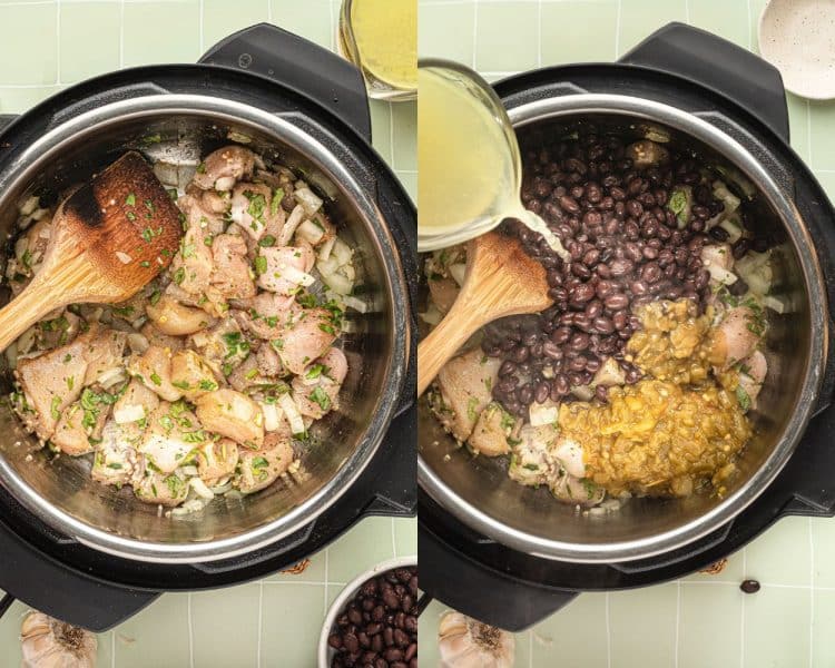 Overhead images of the inside of an instant pot. Left side has diced raw chicken with chopped onions and spices. Right side has black beans, salsa, and chicken broth.